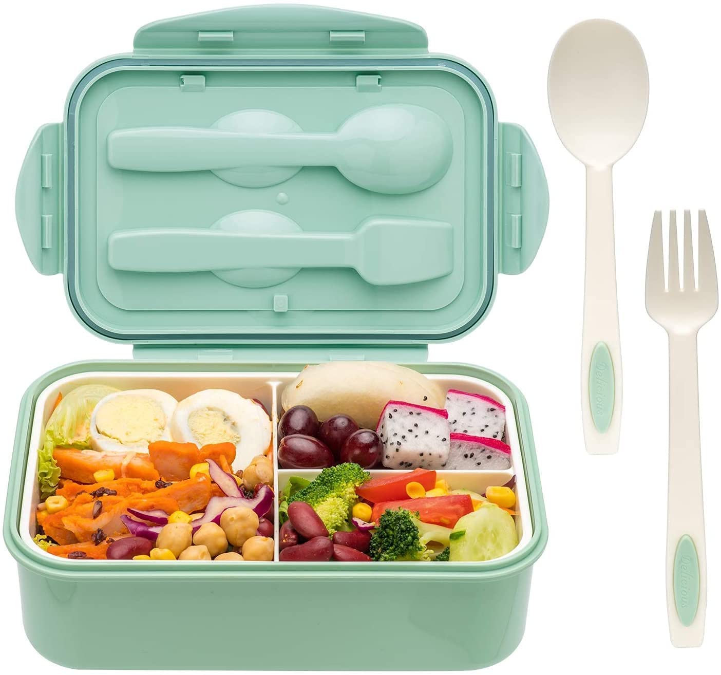 Leak Proof 3 Compartment Lunch Box Reusable Microwave Freezer Safe Food Containers with Spoon for Adults and Kids